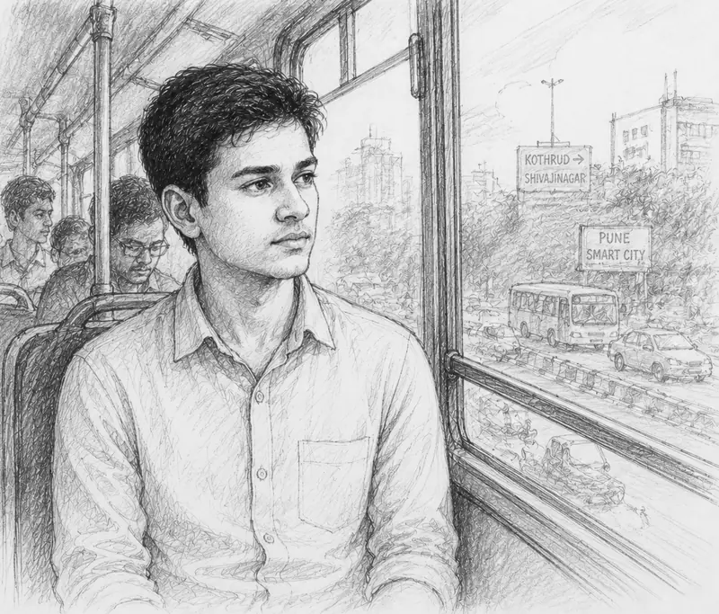 Pencil sketch: Arjun on a Pune city bus, looking out of the window at the traffic and hoardings.
