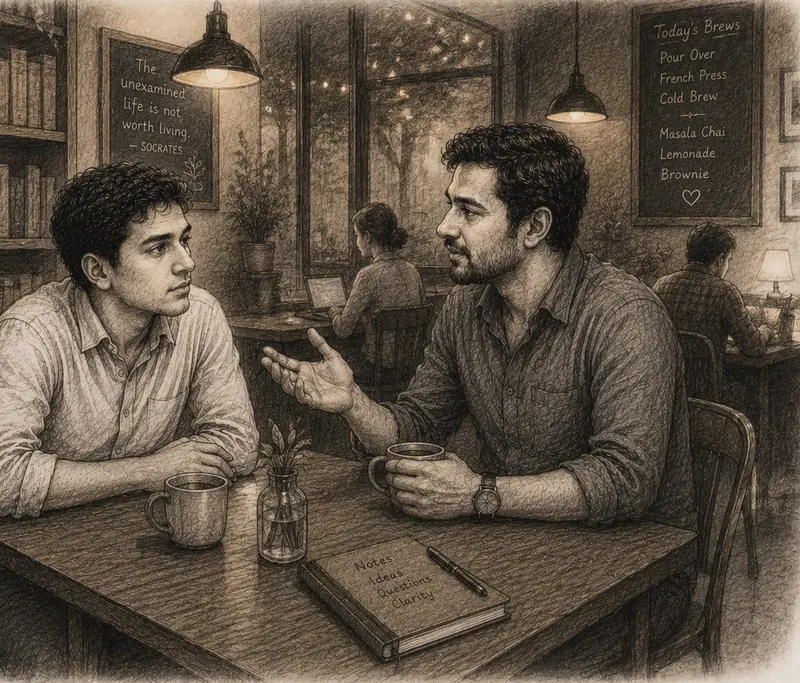 Pencil sketch: Arjun and Vivek talking across a cafe table in Pune, coffee between them.