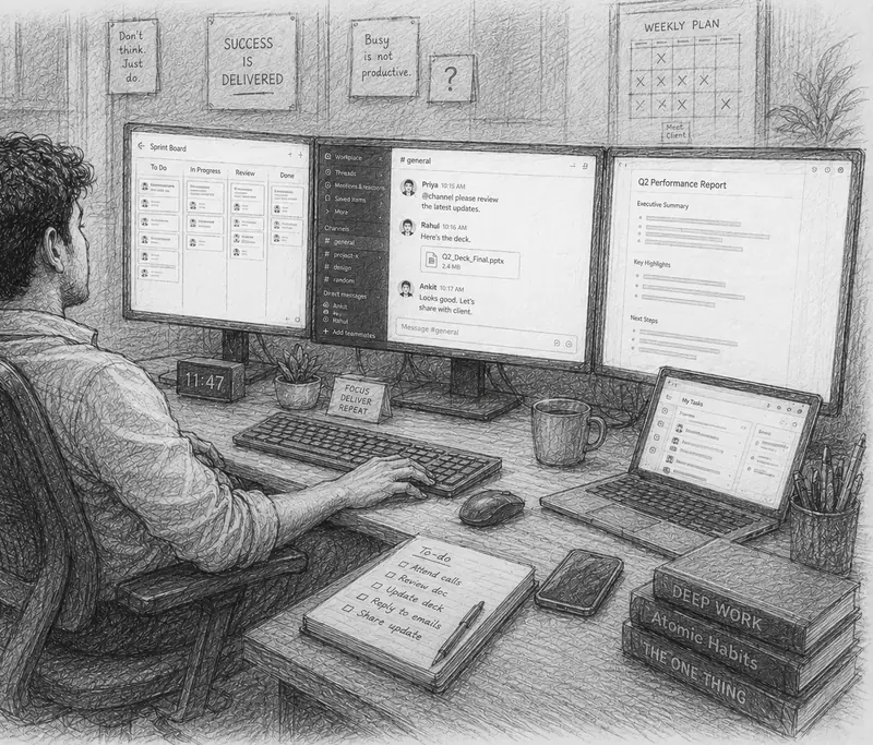 Pencil sketch: a young professional at a desk of glowing monitors, output everywhere, hands away from the keyboard.