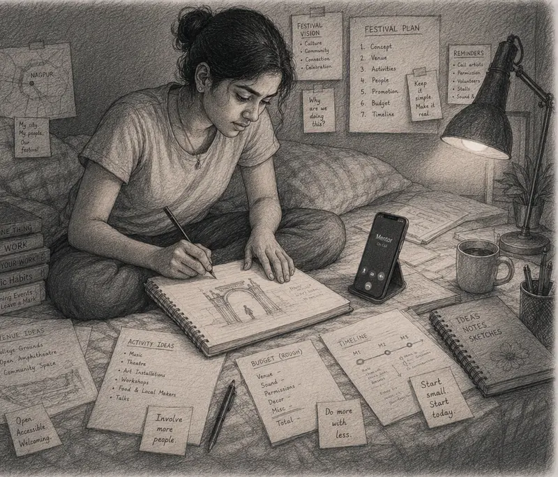 Pencil sketch: Kavya sitting on the floor of her room, surrounded by festival plans, sketchbooks and a phone.